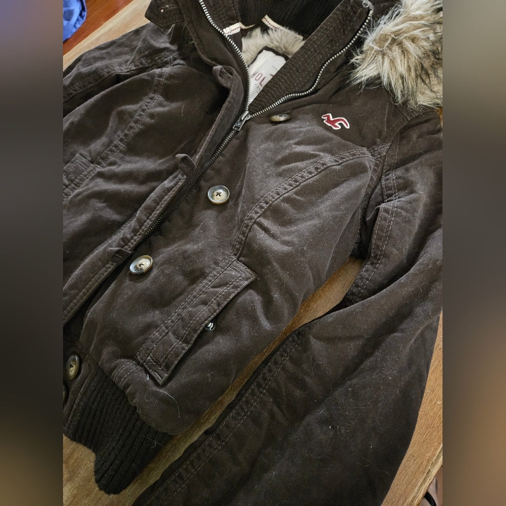 Y2K Vintage Hollister Womens Chocolate Brown Bomber Jacket with Faux Fur Hood XS - Picture 4 of 9